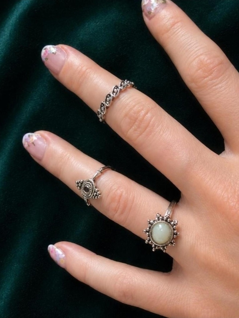 Sterling-Style Silver Sunburst Ring with Opalescent Stone - White